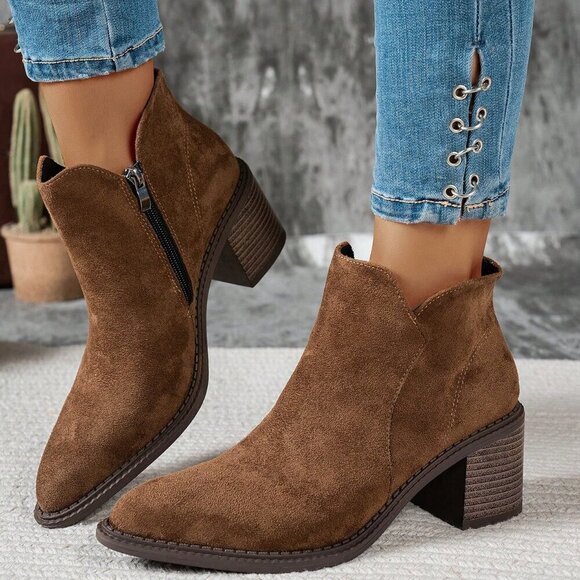Shoes - Brown Vegan suede Autumn Almond Toe bootie